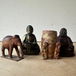 Pair Of Vintage Buddha Figures, Carved Toothpick Holder, & Wooden Elephant, Missing Tusk (IS)