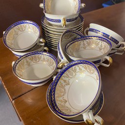 Set Of Pretty Blue & Gold Royal Ivory KPM Soup / Bouillon Bowls With Underplates From Germany (Garage)