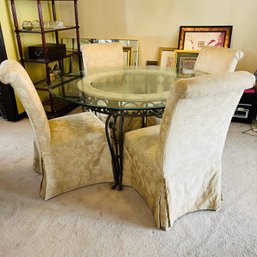 Glass Top Dining Room Table With Metal Base And Upholstered Chairs (Dining Room)