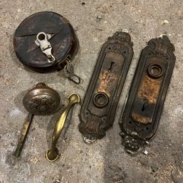 Assortment Of Antique Door Parts Plus A Dartmouth Tape Measure (basement)