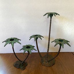 Set Of 2 Vintage Metal Palm Tree Candle Holders (Basement)