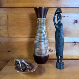 Carved Wooden Vase, Statue And Wooden Giraffe Bowl (porch)