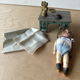 Misc. Lot Including Doll, Metal Doll Desk, Gold-Toned Hardware, & Brussels Lace Handkerchief (IS)