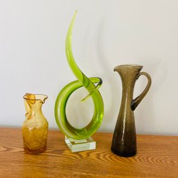 Gorgeous Green Glass Abstract Twish Sculpture & Pair Of Crackle Glass Pitchers (LR)
