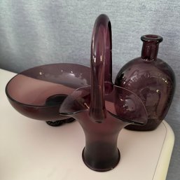 Vintage Purple Glass Bowl, Basket, And Bottle  (Yoga Room)