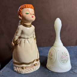 Vintage Painted Angel Figure Made In Japan And Hand Painted Glass Bell (EF) (LR3)