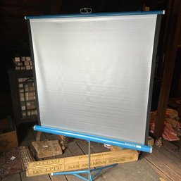 Vintage Da-Lite Silver Flyer Blue Retractable Projection Screen, In Original Box, (attic)