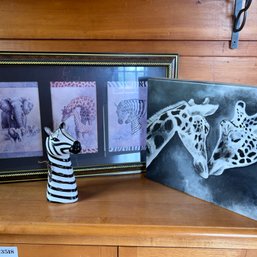 Trio Of Safari Decorative Art, Zebra Canvas Art, Framed Safari Trio, Ceramic Zebra (porch)