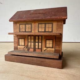 Vintage Made In Japan Wooden House Coin Bank (IS)