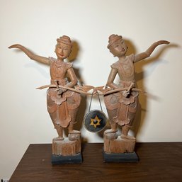 Pair Of Carved Wood Burmese Gong Bearers 23' Tall (BSMT Back Right)