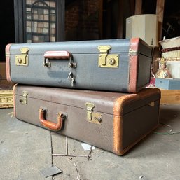 Set Of Two Vintage Suitcases, Satin Lined, Hard Body Suitcases (attic)