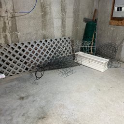Assortment Of Outdoor Fencing, Edging, Tomato Cages, Metal/Wood Table (Bsmt)