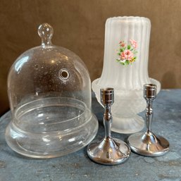 Glass Cloche, Vintage Frosted Glass Fairy Lamp, And Small Candlestick Pair (EF) (LR3)