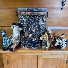 GIRAFFE STUFFED ANIMAL LOT With Leopard Storage Bin (porch)