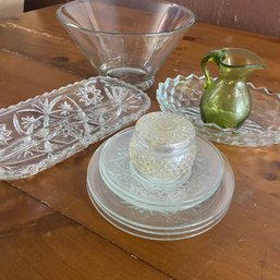 Mixed Lot Of Glass Bowls, Green Vase, Serving Dishes, Plates & More (Garage)
