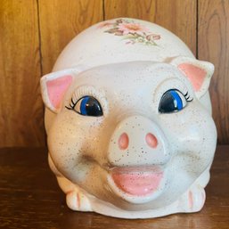 Adorable Smiling, Large Piggy Bank With Floral Design (MB)