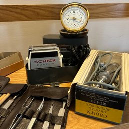 Mixed Lot Of Vintage: SCHICK Custom Razor, Crown Crystal Microphone, Elgin Travel Alarm, Dissection Kit (UP)