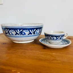 Dedham Pottery Rabbit Bowl, Teacup And Saucer (Dining Room)