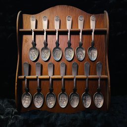 Franklin Mint Pewter Spoon Collection With Wood Wall Shelf No. 2 - The American Colonies Collection (Box 11)