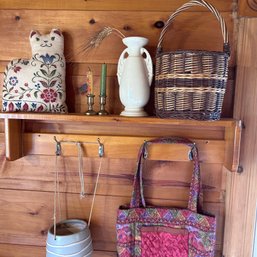 Decorative Farmhouse Lot: Embroidered Cat Pillow, Woven Basket, Ceramic Vase, Etc, Inc Wall Shelf (porch)