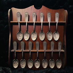 Franklin Mint Pewter Spoon Collection With Wood Wall Shelf No. 3 - The Bicentennial Collection (Box 11)