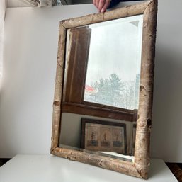 Charming Rustic Beveled Mirror Mounted In Birch Wood Frame, 19x27' (MB)
