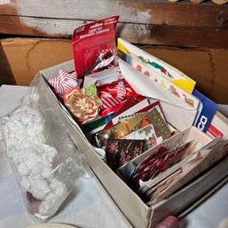 Pom-pom Trim And Box With Assorted Christmas Cards, Card Fronts, Stickers, Etc. (attic)