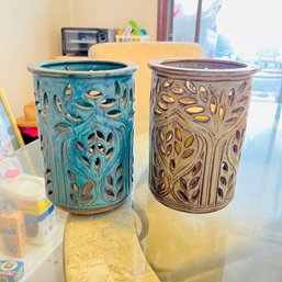Pair Of Pottery Candle Holders (porch)