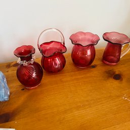 Set Of Four Small Cranberry Glass Vases, Pitcher And Basket (Dining Room)