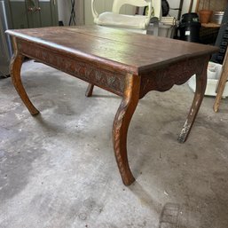 Vintage Heavy Ornate Carved Wood Table With Drawer - Will Need Refinishing/Attention (Garage)