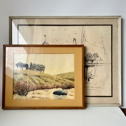 Pair Of Rustic ARTIST SIGNED Framed Artwork, Horse & Cart Watercolor, Fishing Pier Sketch. See Notes (MB)