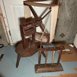 Antique Yarn Winder And Wooden Spool Stand (Bsmt Under Stairs)