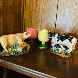 Cute Ceramic Cows And Pair Of Small Flower Cups (MB)