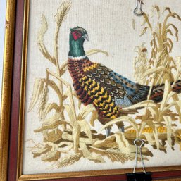 Charming Vintage CREWEL EMBROIDERY ART Pheasant, Framed. 17x21'  See Notes (MB)