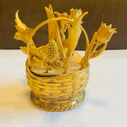 Vintage Hollywood Regency Style Gold Tone Basket W/ Cocktail Forks (EF - LR2)