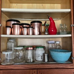 Kitchen Cabinet Lot Incl. West Bend Canisters, Glass Jars, Mortar & Pestle, & More (Kitchen)