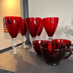 Mixed Lot Of Vintage Red Glassware: Five Red Glass Crystal Base Water Goblets, Three Red Glass Tea Cups (UP)