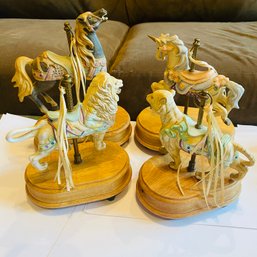 Set Of 4 Musical Carousel Horse Figurines With Wooden Stands, Untested (EF - LR2)