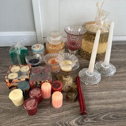 Lot Of Assorted Candle Holders & Candles (Some Partially Used) (Porch)