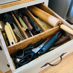 Drawer With Wood Rolling Pin, Utensils, Scissors, Knives, Spoons & More (Kitchen)