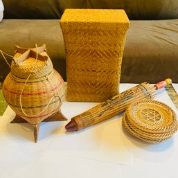 Japanese Hand Painted Bamboo Umbrella, Wicker Drink Coasters, Woven Basket & Small Shelf (EF - LR2)