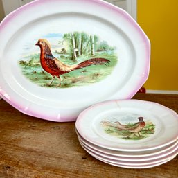 Antique Pheasant Pottery Platter With Plates (DR)