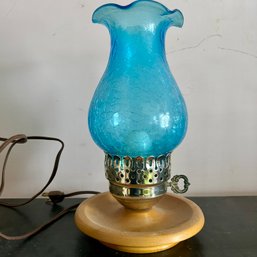 Vintage Aqua Blue Crackle Glass Lamp With Wooden Base (B1)