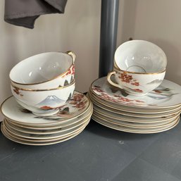 Mixed Lot Of Japanese Teacups And Saucers, Handpainted Katani Saucers (12) Matching Teacups (4)
