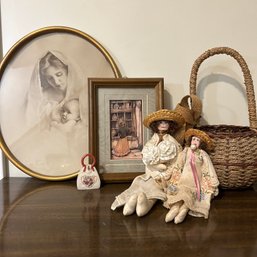 Romantic Vintage Lot: Oval Portrait, Wicker Basket, Fabric Dolls, Etc (bsmt)