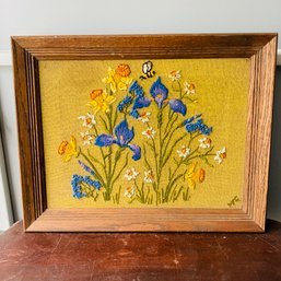 Vintage Embroidered Artwork Of Flowers In Wood Frame (Pod)