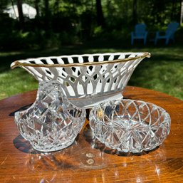 Pair Of Glass Dishes & Porcelain Basket With Small Chip (BSMT Back)