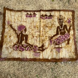 Beautiful African Dyed, Signed Cloth With 2 Women & Small Huts In Background (Bsmt)