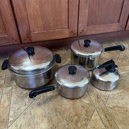 Trio Of Revere Ware Pots With Lids And Tea Kettle (Kitchen)