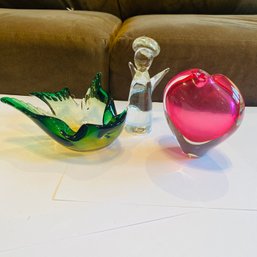 3 Glass Figurines: Angel, Green Bird & Small Pink Bud Vase (EF - LR2)